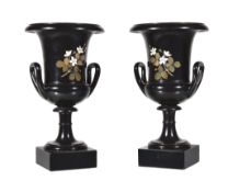 A pair of Victorian Derbyshire black marble and pietra dure inset Campana urns, circa 1860, each