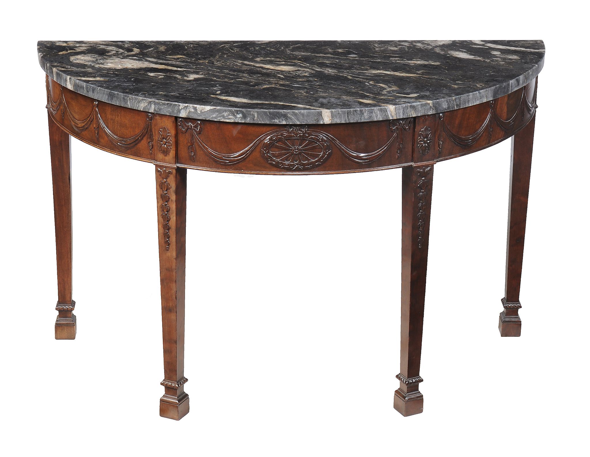 A pair of carved mahogany and granite mounted semi elliptical side tables, in George III style, - Image 3 of 6