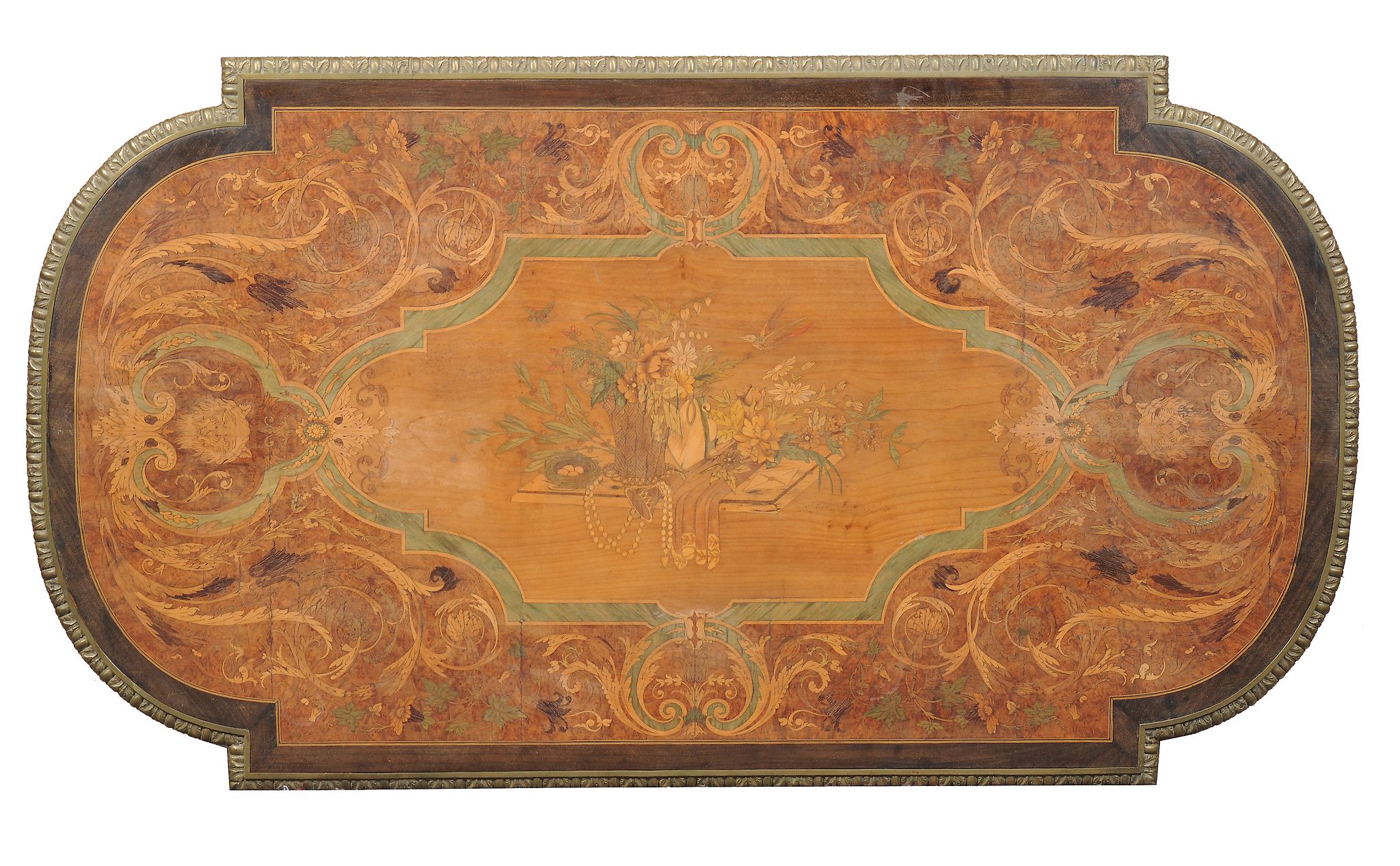 A French amboyna, specimen marquetry and green stained sycamore bureau plat, in Louis XVI style, - Image 2 of 4
