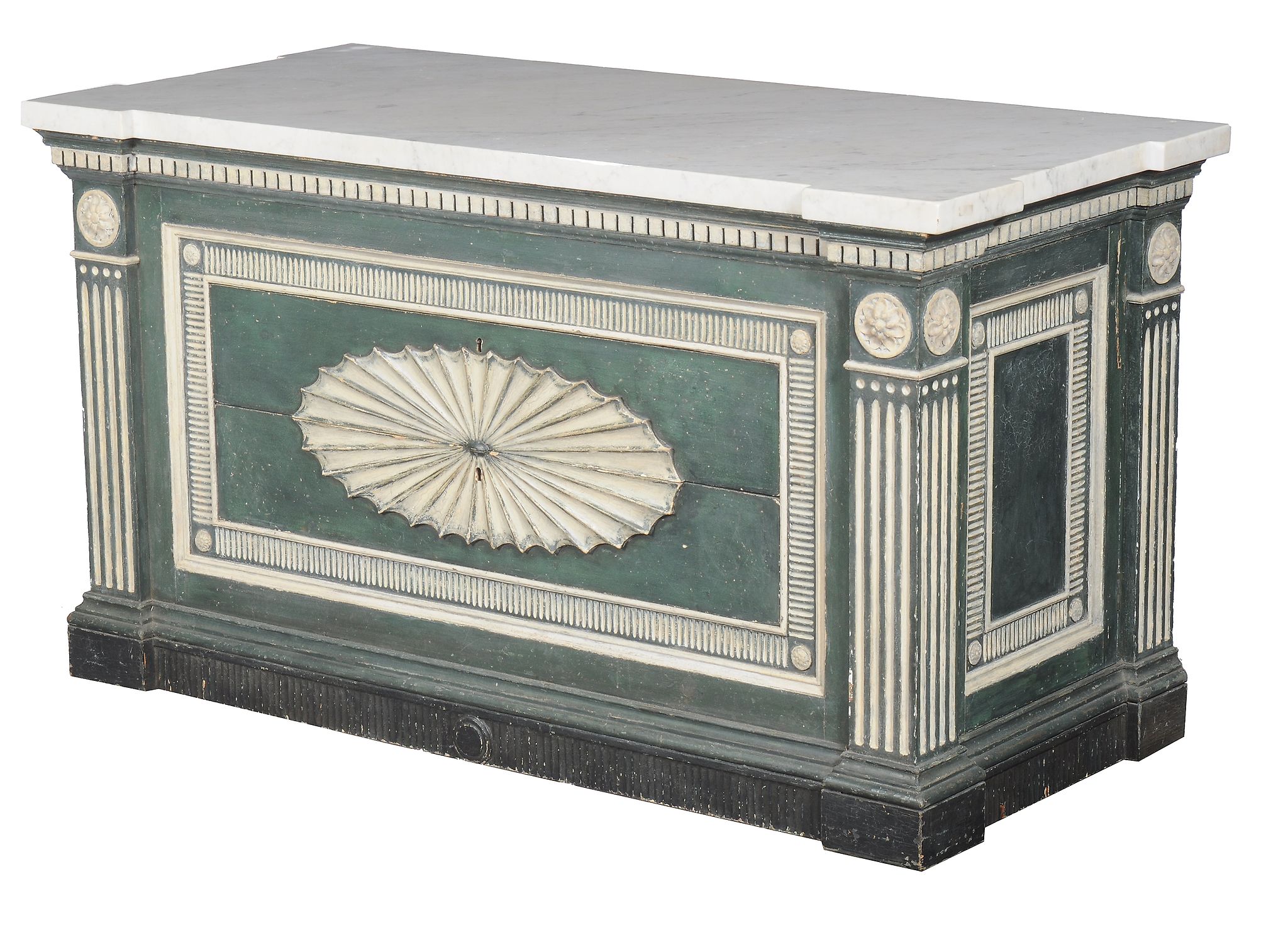 A pair of green and cream painted marble topped commodes, in George III style, 19th century and - Image 2 of 7