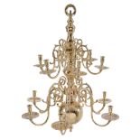 An English or Dutch brass twelve light chandelier, early 18th century, with two tiers of six