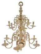 An English or Dutch brass twelve light chandelier, early 18th century, with two tiers of six