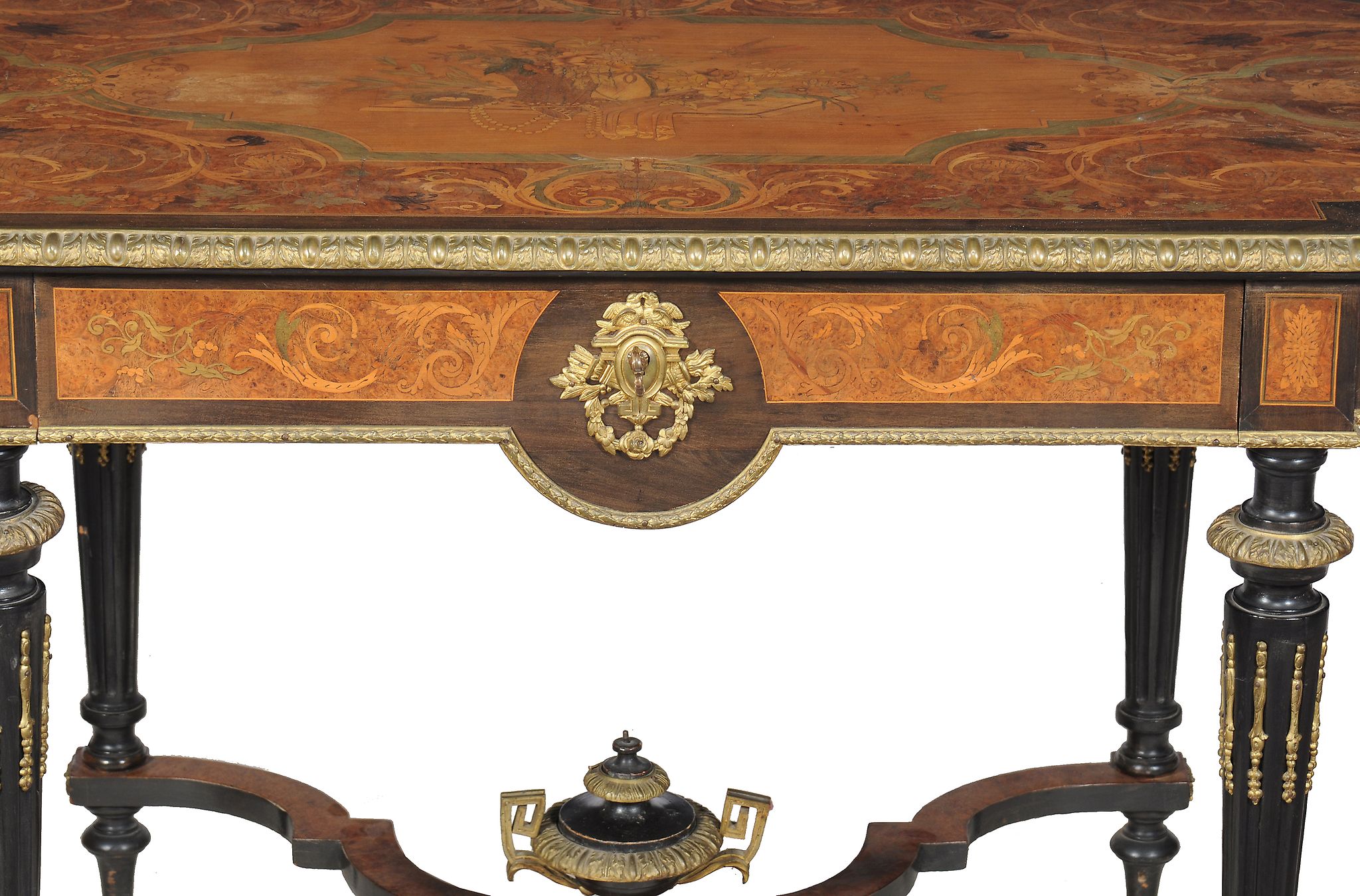 A French amboyna, specimen marquetry and green stained sycamore bureau plat, in Louis XVI style, - Image 3 of 4