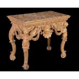 A George I giltwood and gesso console table , circa 1720, the gadrooned oblong top incised with a