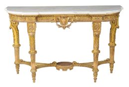A carved giltwood, composition and marble mounted console table, circa 1860, of bowfront form