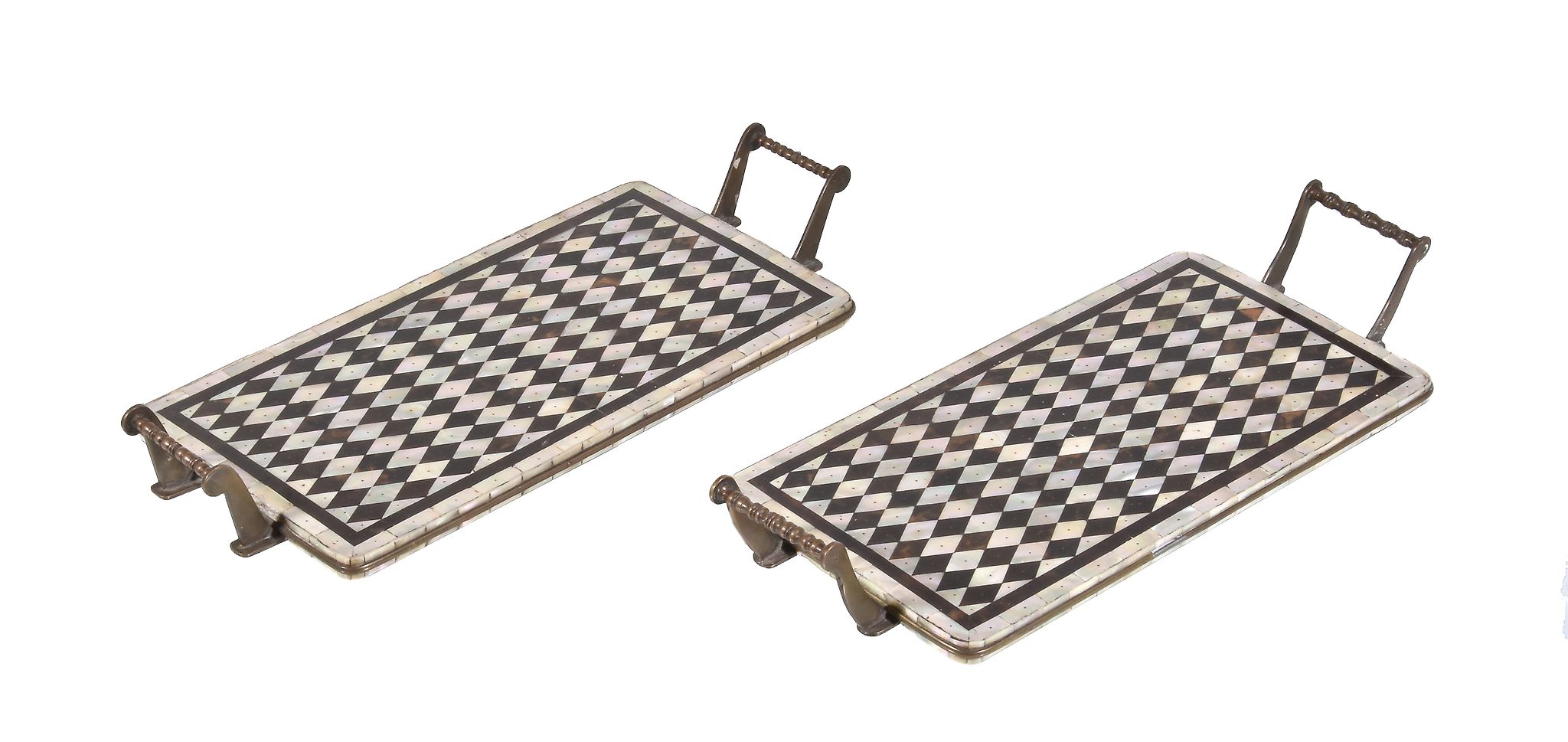 Ω A near pair of Gujarati mother-of-pearl and tortoiseshell parquetry veneered rectangular trays, - Image 2 of 3