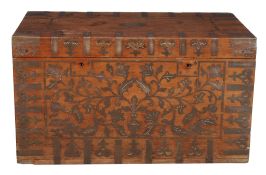 An Indian hardwood and brass marquetry chest, late 18th/ 19th century, possibly teak, the hinged
