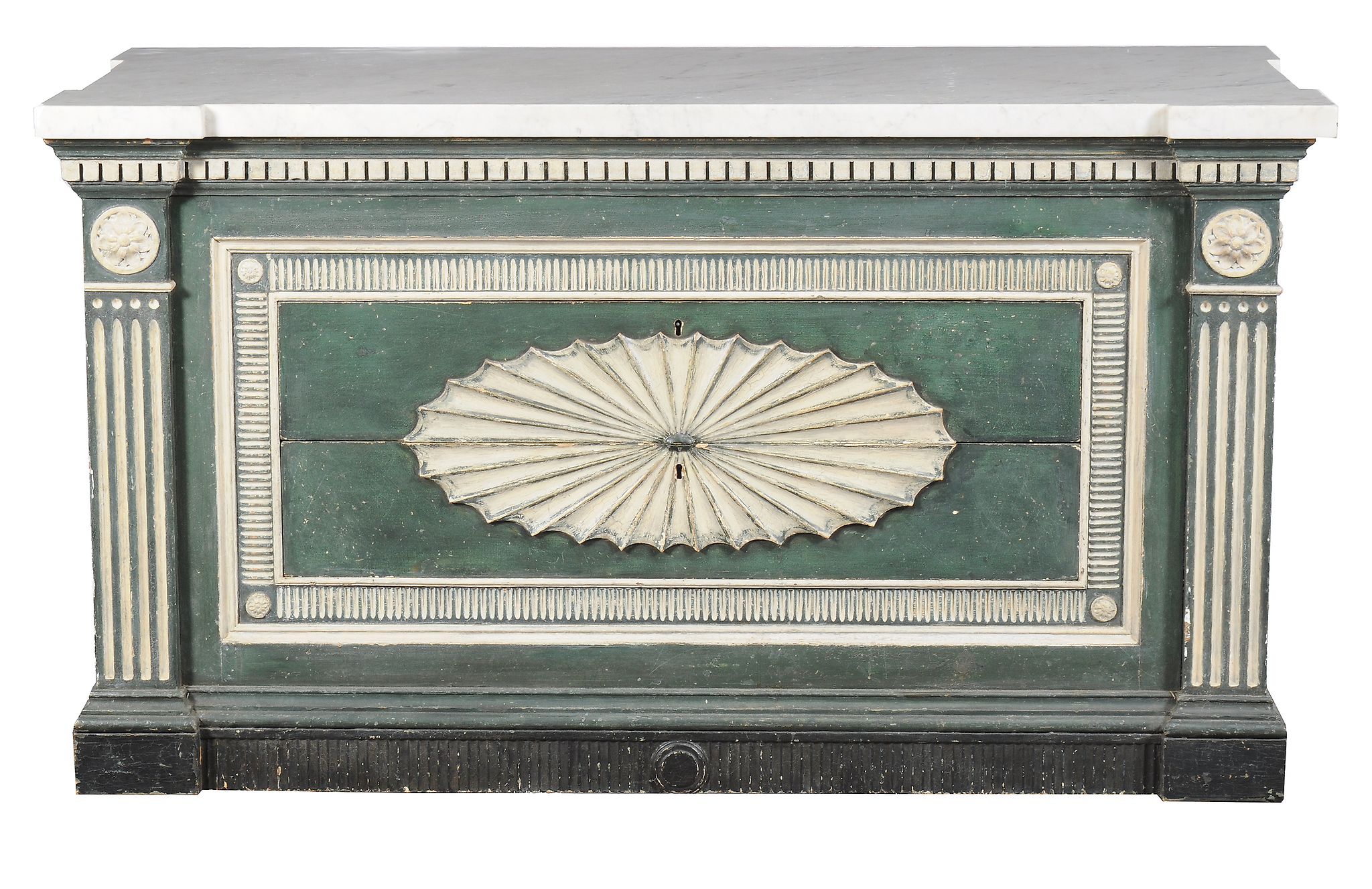 A pair of green and cream painted marble topped commodes, in George III style, 19th century and - Image 3 of 7