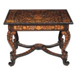 A Dutch ebonised, walnut and specimen marquetry centre table, late 18th century, decorated