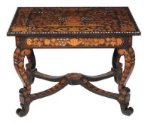 A Dutch ebonised, walnut and specimen marquetry centre table, late 18th century, decorated