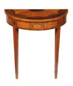 A pair of George III satinwood, burr yew and harewood semi elliptical console tables, circa 1790,