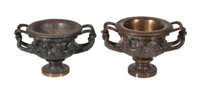 A near pair of patinated bronze models of the Albani Vase, circa 1875, cast after the Antique, each