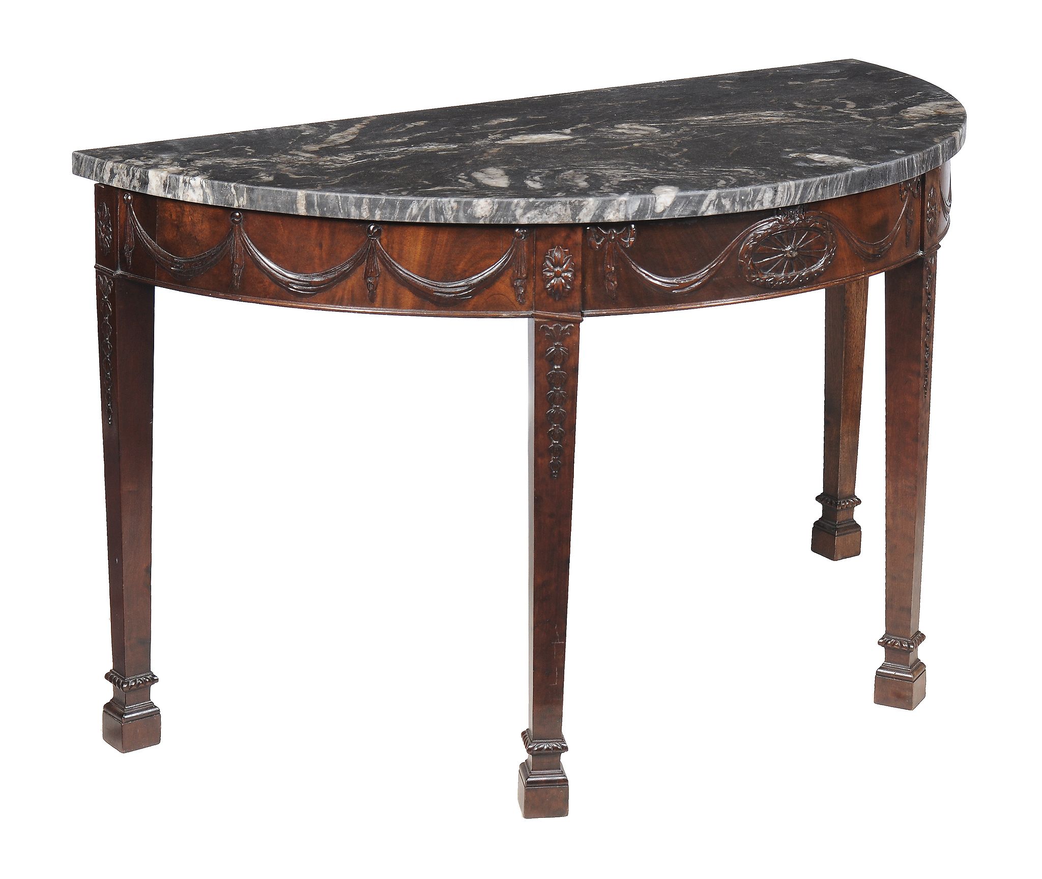 A pair of carved mahogany and granite mounted semi elliptical side tables, in George III style, - Image 2 of 6