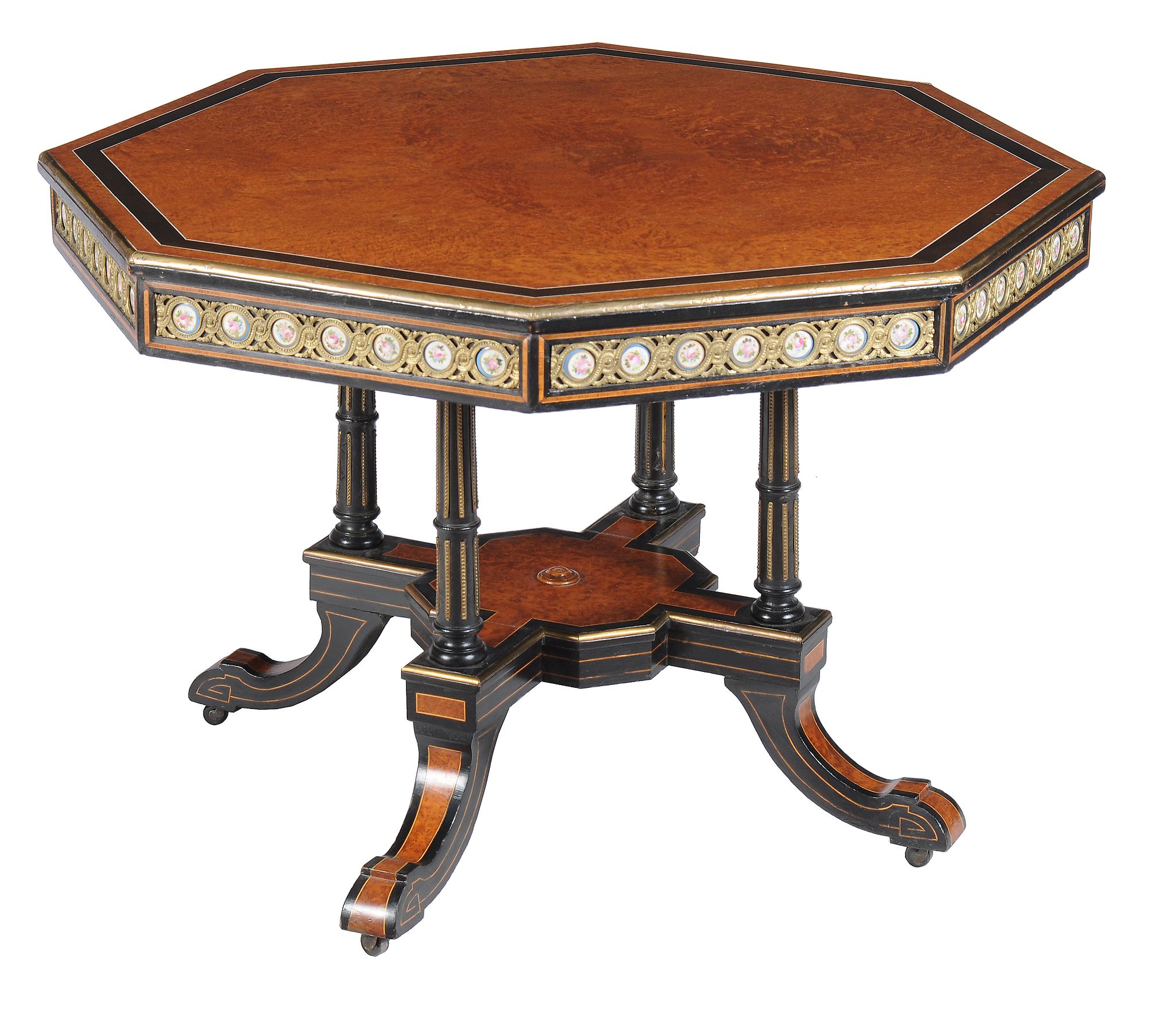 A Victorian thuya, porcelain and gilt metal mounted octagonal centre table, circa 1870, the