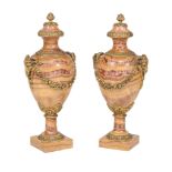 A pair of gilt metal mounted striated red and cream marble urns in Louis XVI style, 20th century,