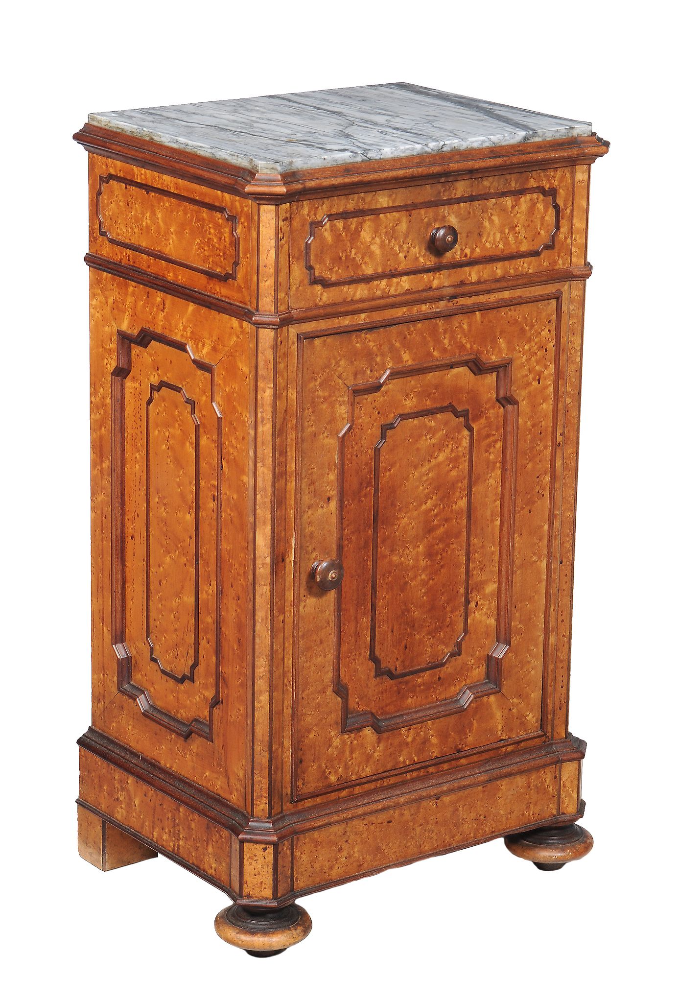A pair of Victorian birds eye maple and marble mounted bedside cupboards, circa 1870, each - Image 3 of 6