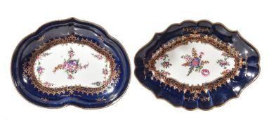 A Worcester blue-ground kidney-shaped dish, circa 1770, the centre painted with floral sprays