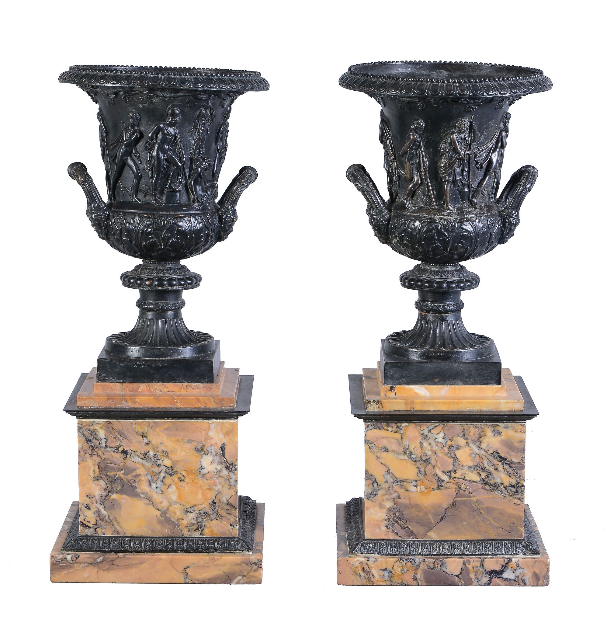 A pair of impressive bronze and marble mounted models of the Medici vase, circa 1875, with egg-and-