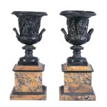 A pair of impressive bronze and marble mounted models of the Medici vase, circa 1875, with egg-and-