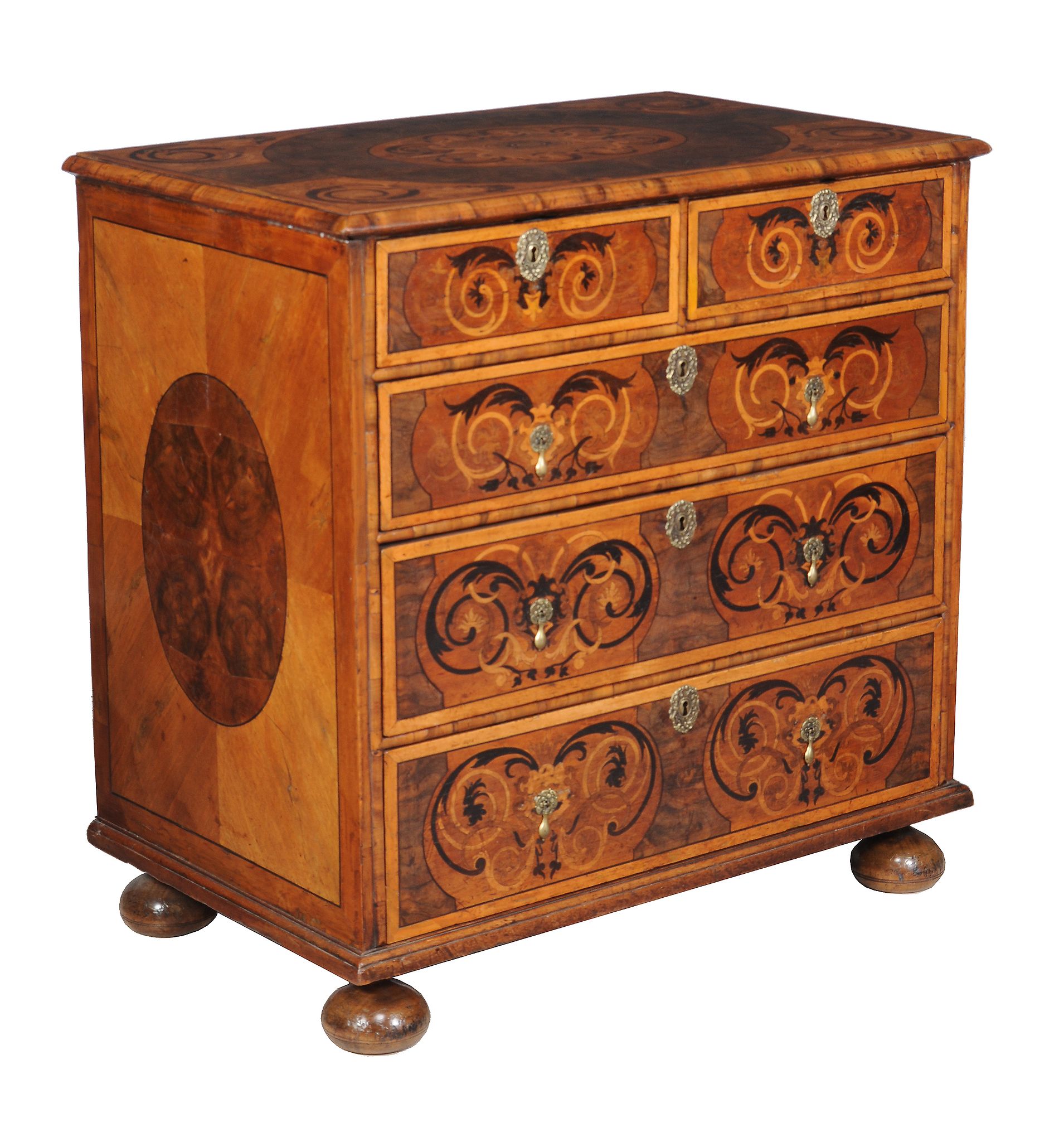A William & Mary olivewood oyster veneered and specimen marquetry chest of drawers, circa 1690, - Image 2 of 6