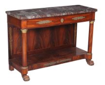 A Louis Philippe mahogany and gilt metal mounted console table, circa 1840, the variegated red