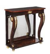 Ω A pair of rosewood and gilt metal mounted console tables, circa 1815 and later, each
