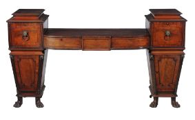A Regency mahogany pedestal sideboard, circa 1815, probably Scottish , the central frieze drawer