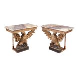 A pair of carved giltwood console tables, circa 1740 and later, each breche violette marble top