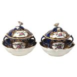 A pair of Worcester blue-ground two-handled chocolate cups, covers and stands, circa 1770, painted