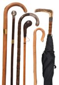 Five various walking sticks, including: an Edwardian silver mounted bamboo by E. Blumenstein & Co.,