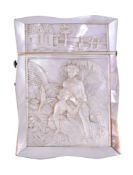 ΩA Victorian shaped rectangular mother of pearl card case, mid 19th century, carved with a central