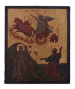 A 19th century Russian icon of the Ascent of Elijah, tempera on panel, 30.5cm x 25.5cm (12in x