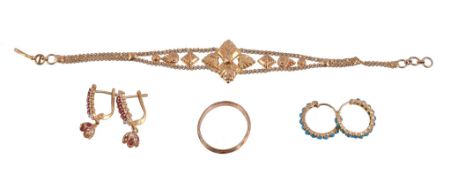 A collection of gold coloured jewellery , to include a panel bracelet, 19cm long; a gold coloured