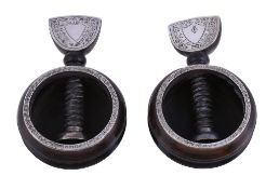 A pair of late Victorian silver mounted ebonised hardwood nut crackers by Martin, Hall & Co.,