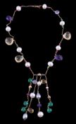 A freshwater cultured pearl and multi gem set necklace, the belcher link necklace set with