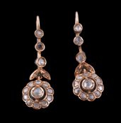 A pair of early 20th century diamond cluster earrings, the cluster drops set with rose cut diamonds