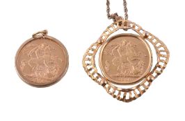 A sovereign pendant, the 1911 sovereign in a pierced 9 carat gold setting, stamped with London 1977