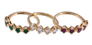 Three 18 carat gold gem set rings by T. O'Donaghue, the first, set with brilliant cut diamonds,
