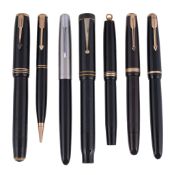 Parker, a cased black fountain pen and propelling pencil set, the fountain pen with a gilt metal