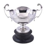 A silver twin handled trophy cup by Walker & Hall, Sheffield 1927, with leaf-capped handles, an