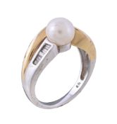 A cultured pearl and diamond dress ring, the cultured pearl between two colour crossover shoulders,