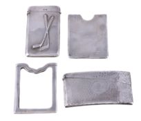 Two silver card cases and two sleeves, the first case Edwardian curved rectangular and hammered by