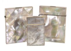 Ω Three Victorian mother of pearl rectangular card cases, lozenge veneered, panelled and bird and