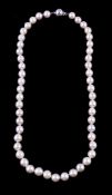 A single strand cultured pearl necklace, the cultured pearls on a knotted string, to the clasp set