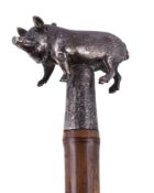 An electro-plate mounted gadget walking stick, circa 1900, the handle modelled as a pig vesta case,