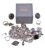 A collection of silver coloured jewellery , to include various dress rings; chains and other items;