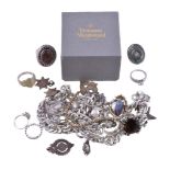 A collection of silver coloured jewellery , to include various dress rings; chains and other items;