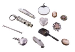Ω A collection of objects, including: a late Victorian silver and mother of pearl fruit knife by