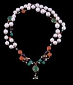 A freshwater cultured pearl and gem set necklace, the freshwater cultured pearls with belcher link