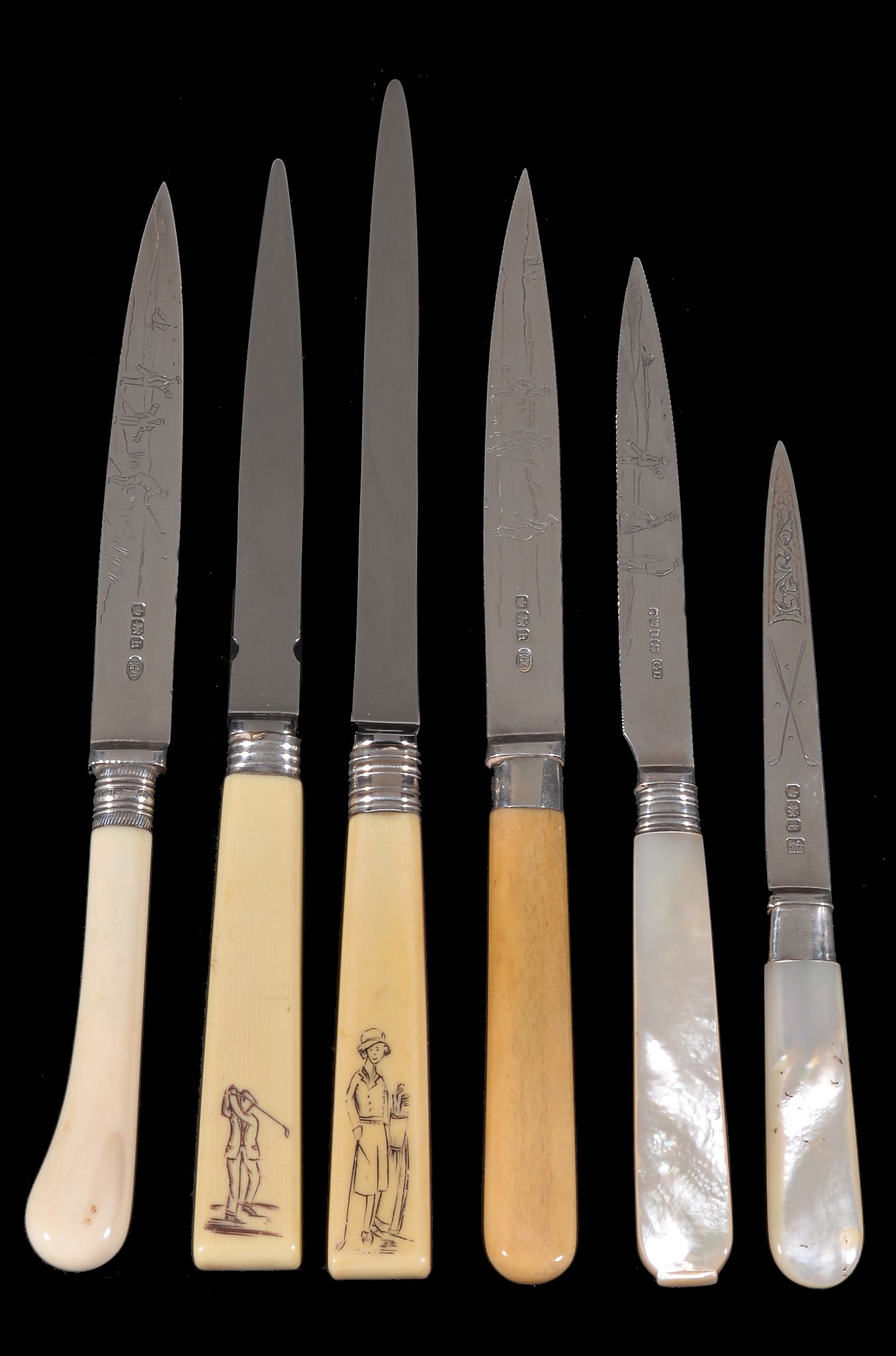 Ω [Golf] Six paper knives engraved with golfers or golfing scenes, comprising: Victorian silver